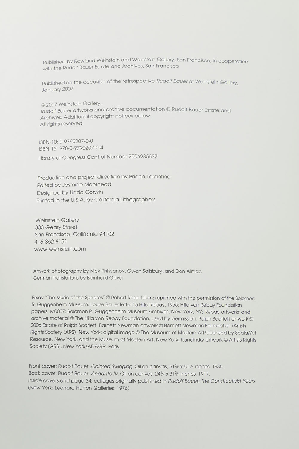 Rudolf Bauer Art Exhibition Catalog Weinstein Gallery 2007