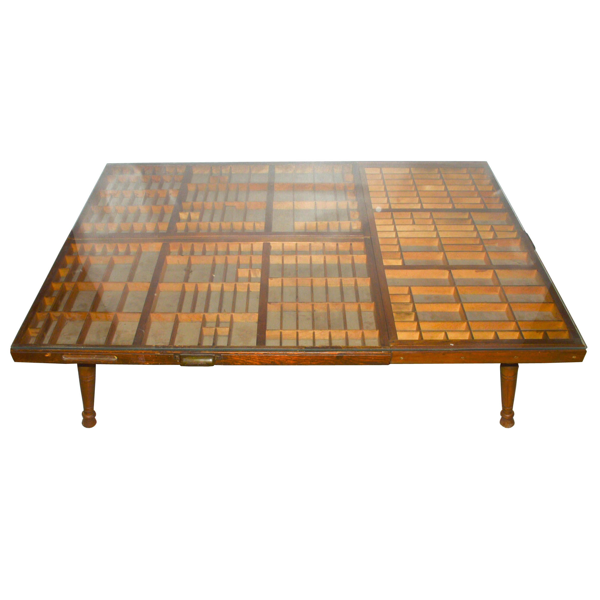 Unique Repurposed Printer's Trays Glass-Top Coffee Table