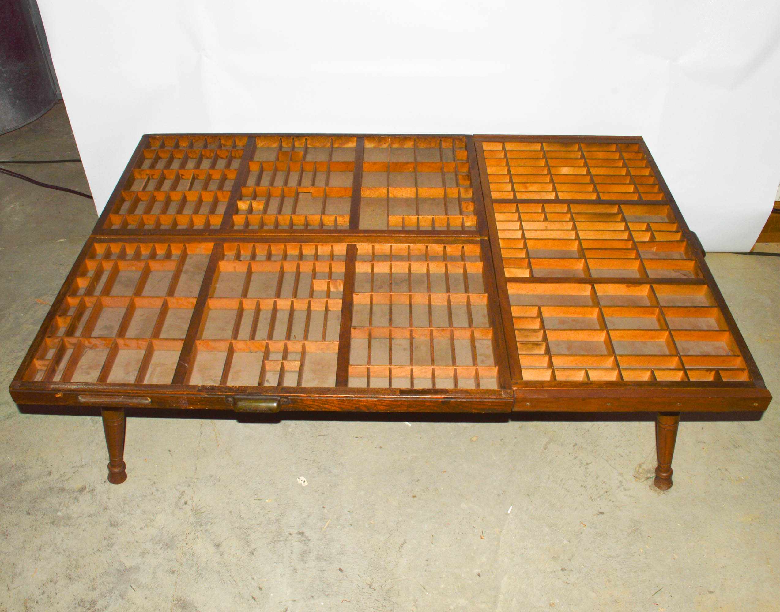 Unique Repurposed Printer's Trays Glass-Top Coffee Table