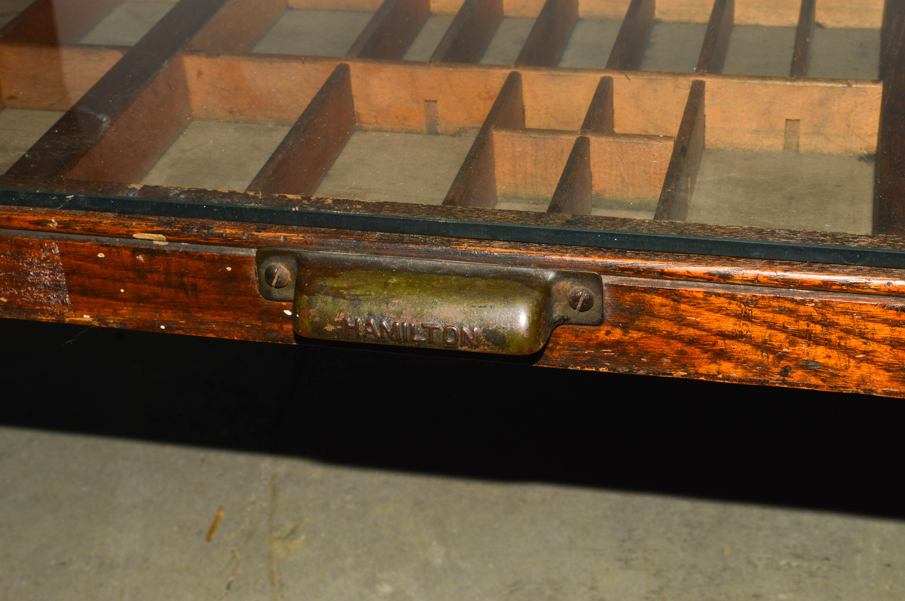 Unique Repurposed Printer's Trays Glass-Top Coffee Table