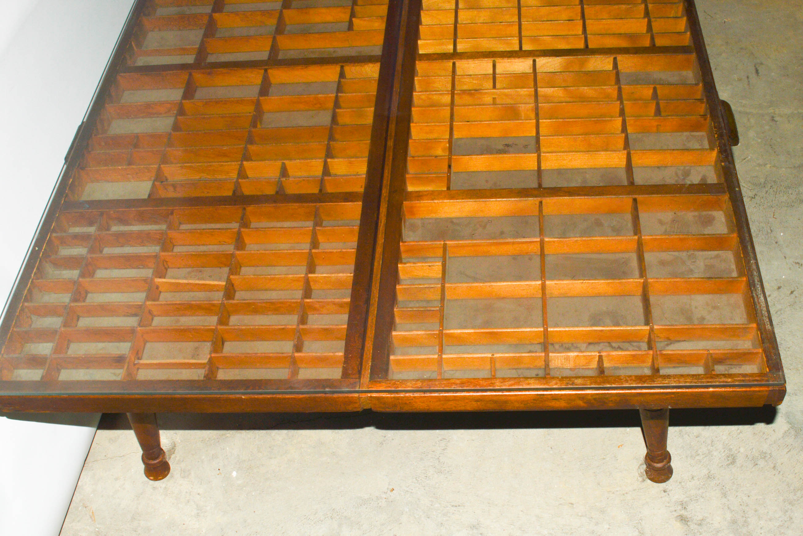 Unique Repurposed Printer's Trays Glass-Top Coffee Table