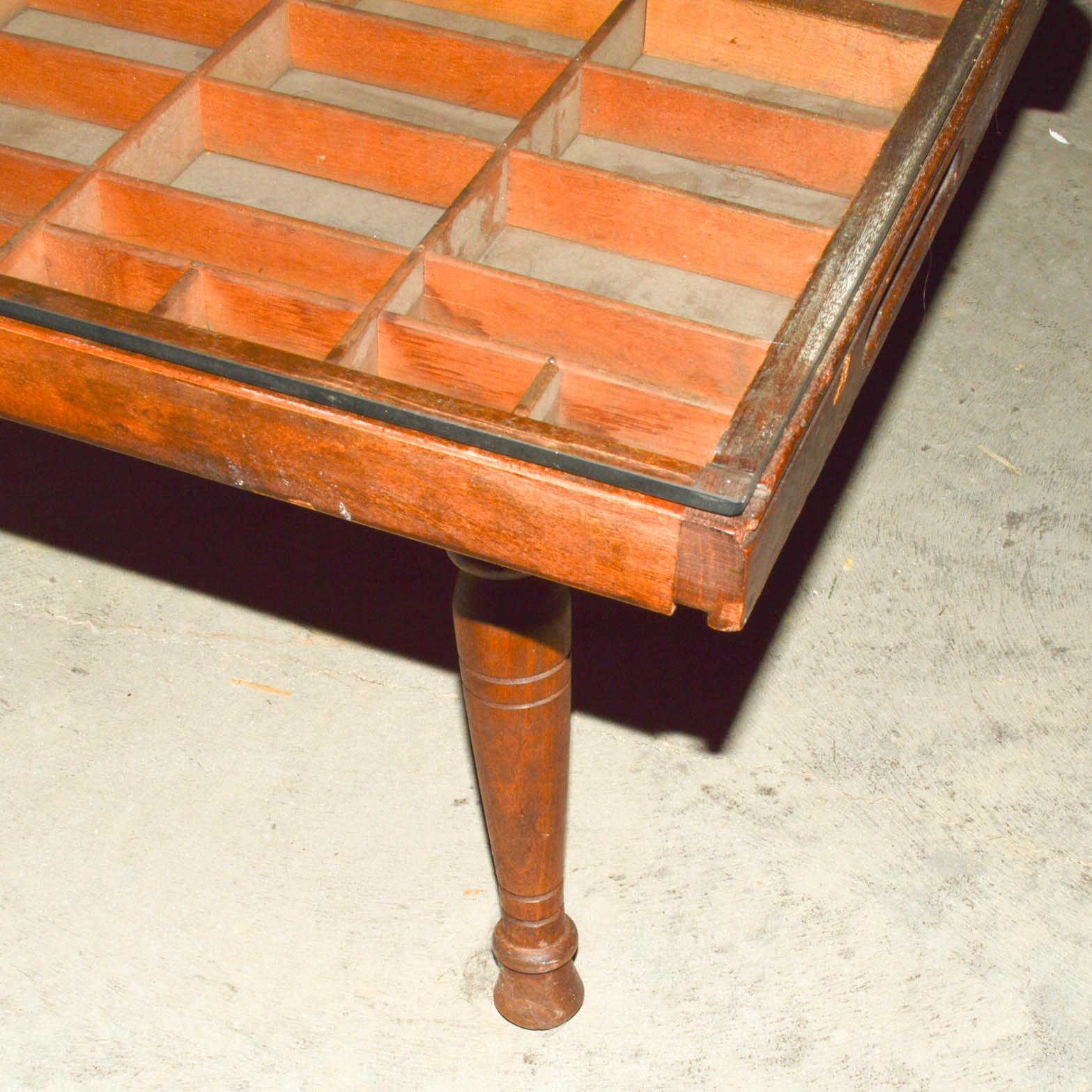 Unique Repurposed Printer's Trays Glass-Top Coffee Table