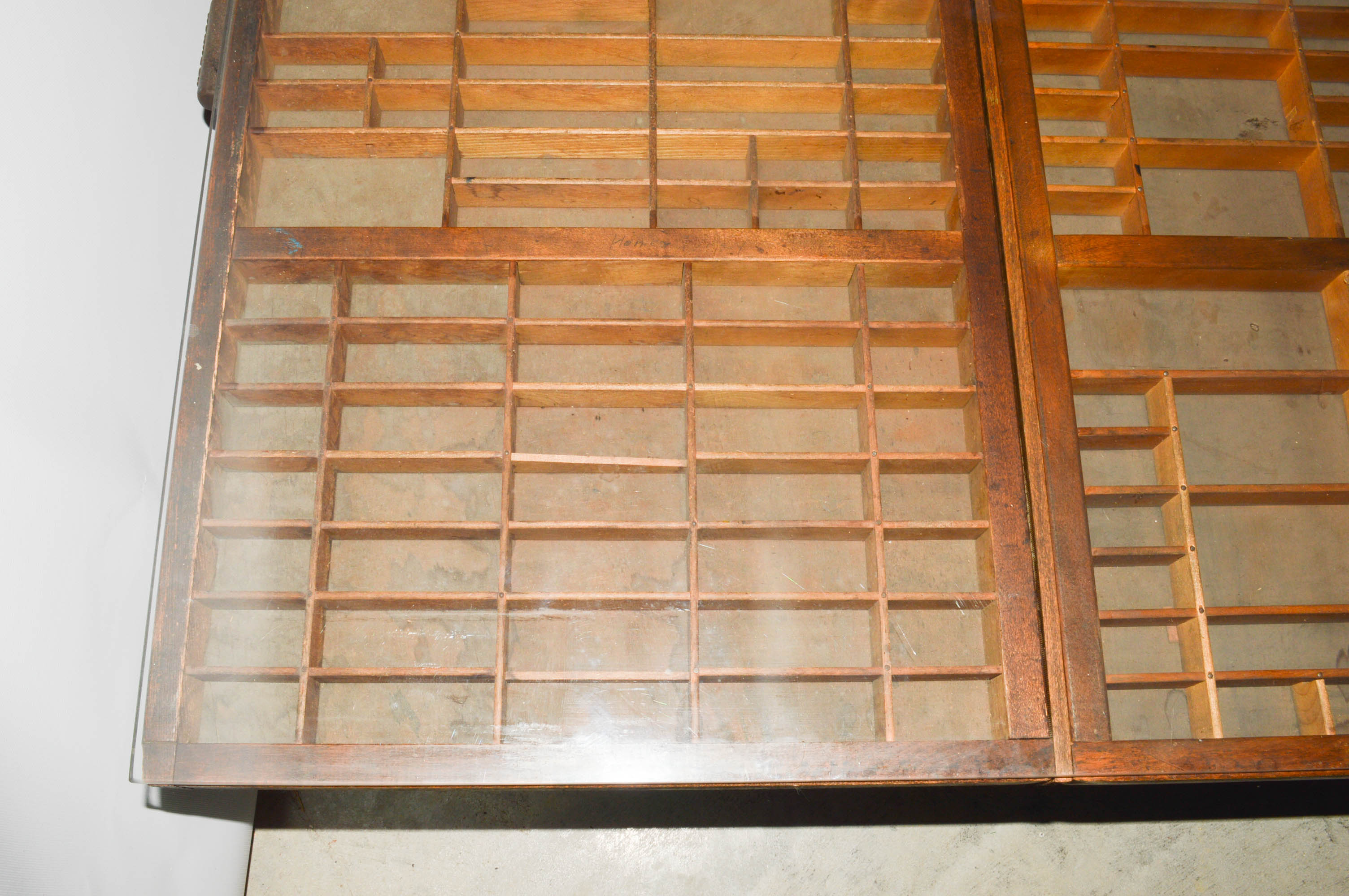 Unique Repurposed Printer's Trays Glass-Top Coffee Table