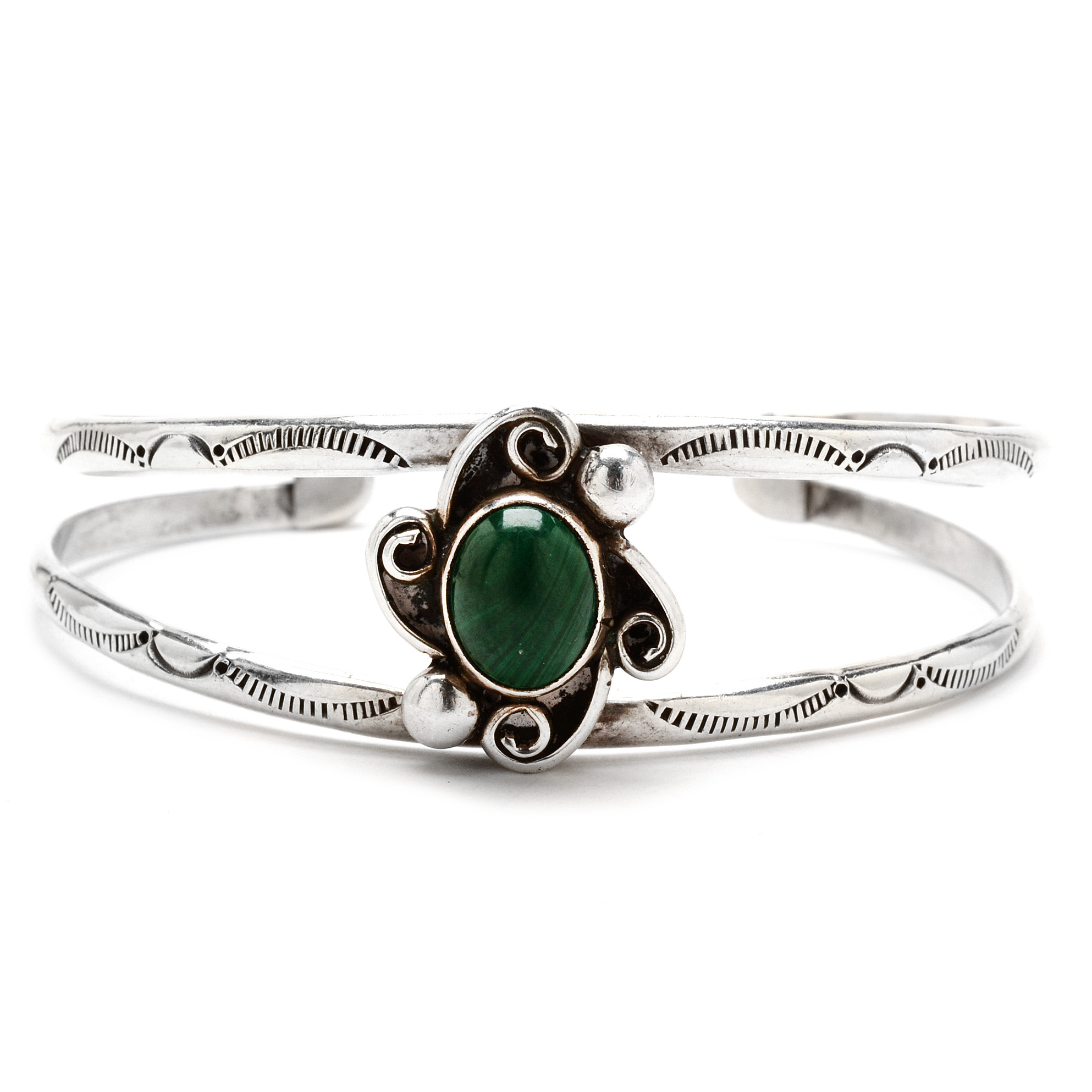 Signed Native American Navajo Style Sterling and Malachite Cuff