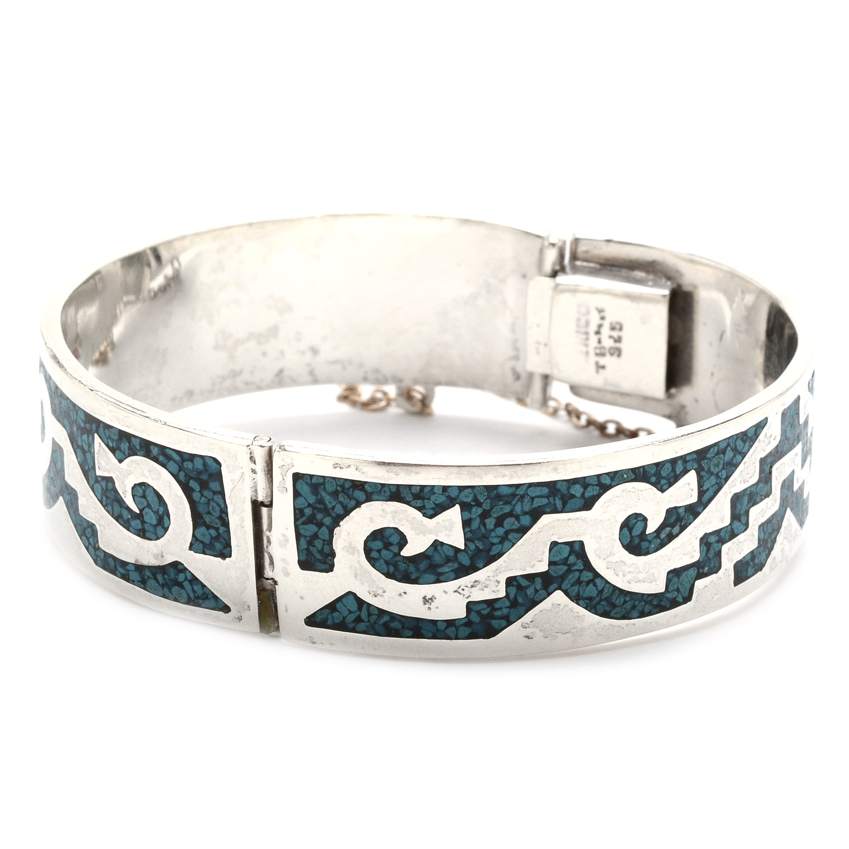 Vintage Taxco Mexico Sterling Silver Mosaic Inlay Hinged Bracelet