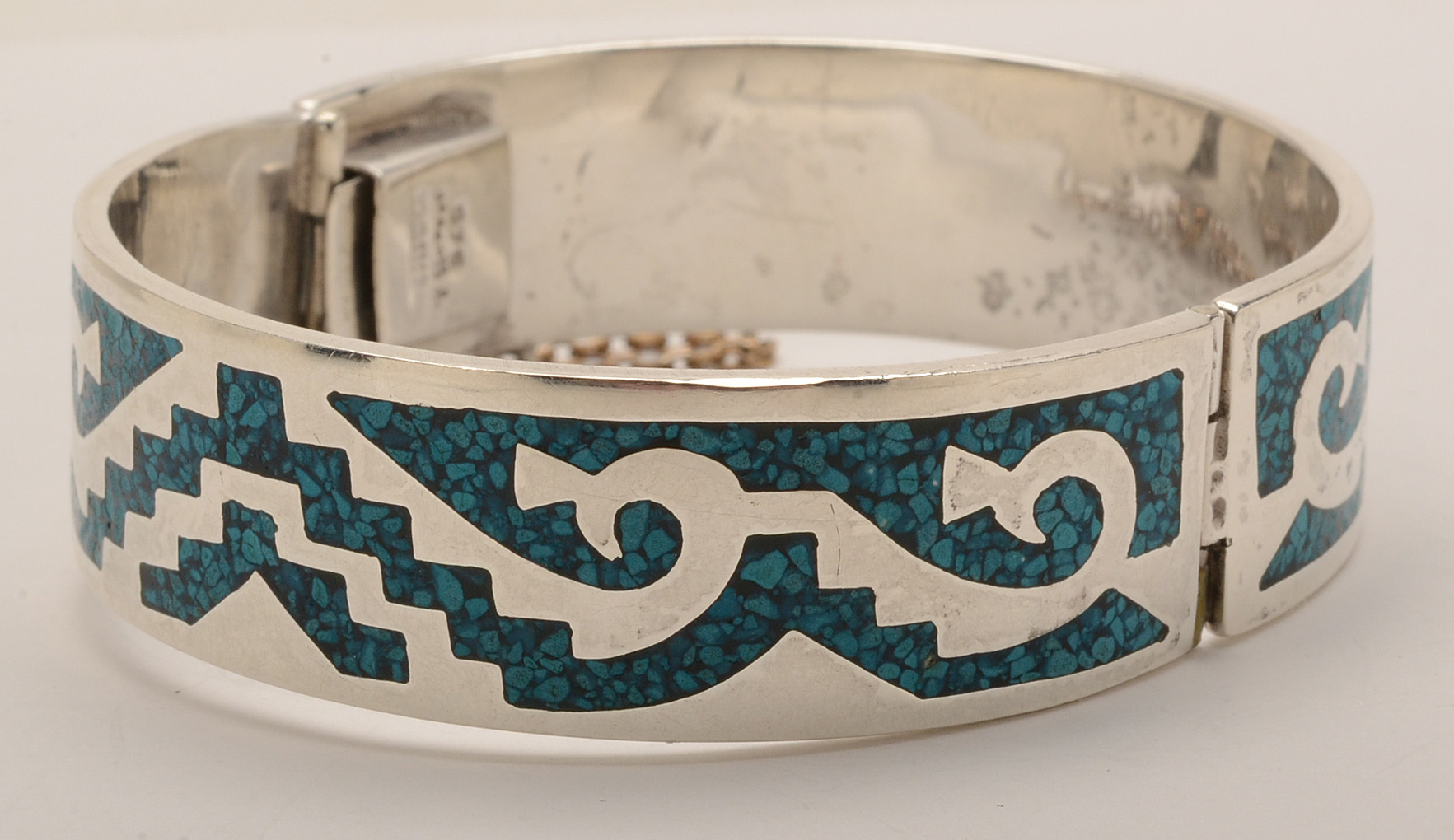 Vintage Taxco Mexico Sterling Silver Mosaic Inlay Hinged Bracelet