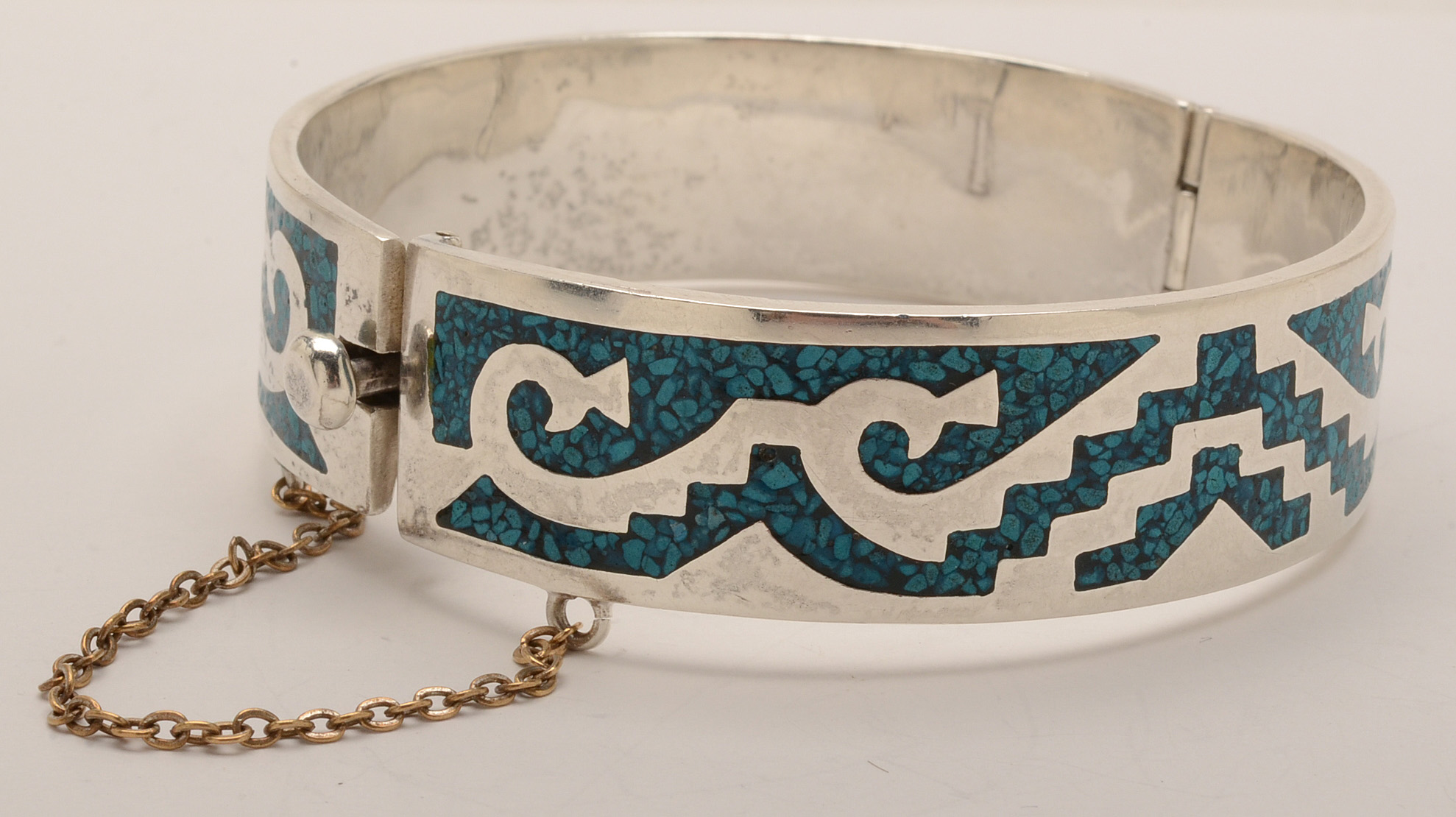 Vintage Taxco Mexico Sterling Silver Mosaic Inlay Hinged Bracelet