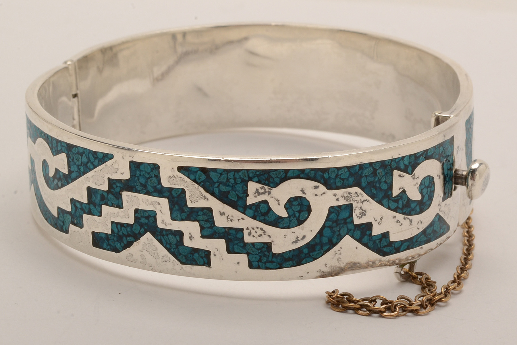 Vintage Taxco Mexico Sterling Silver Mosaic Inlay Hinged Bracelet