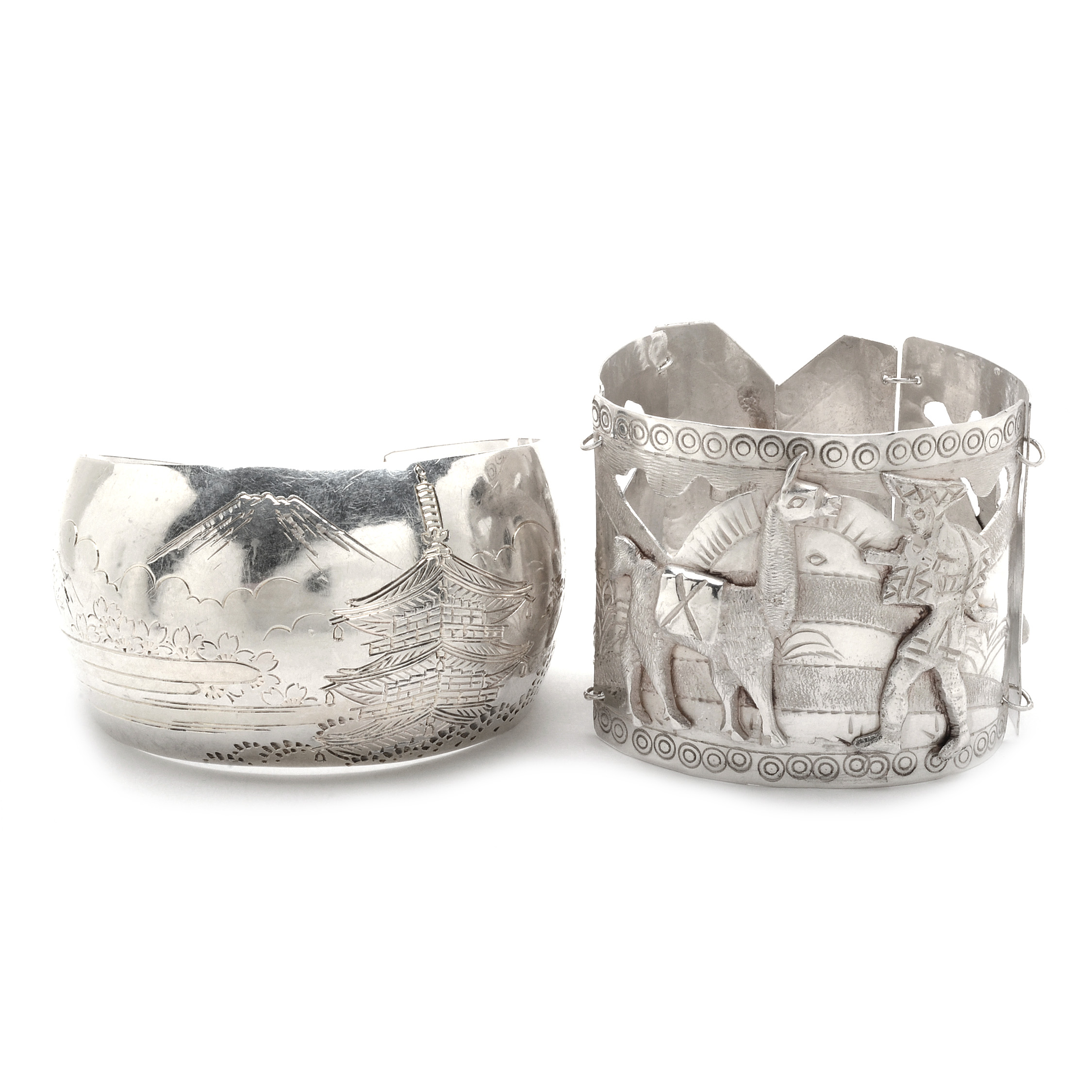 Vintage Peruvian Sterling Figural Link Bracelet and Engraved Cuff