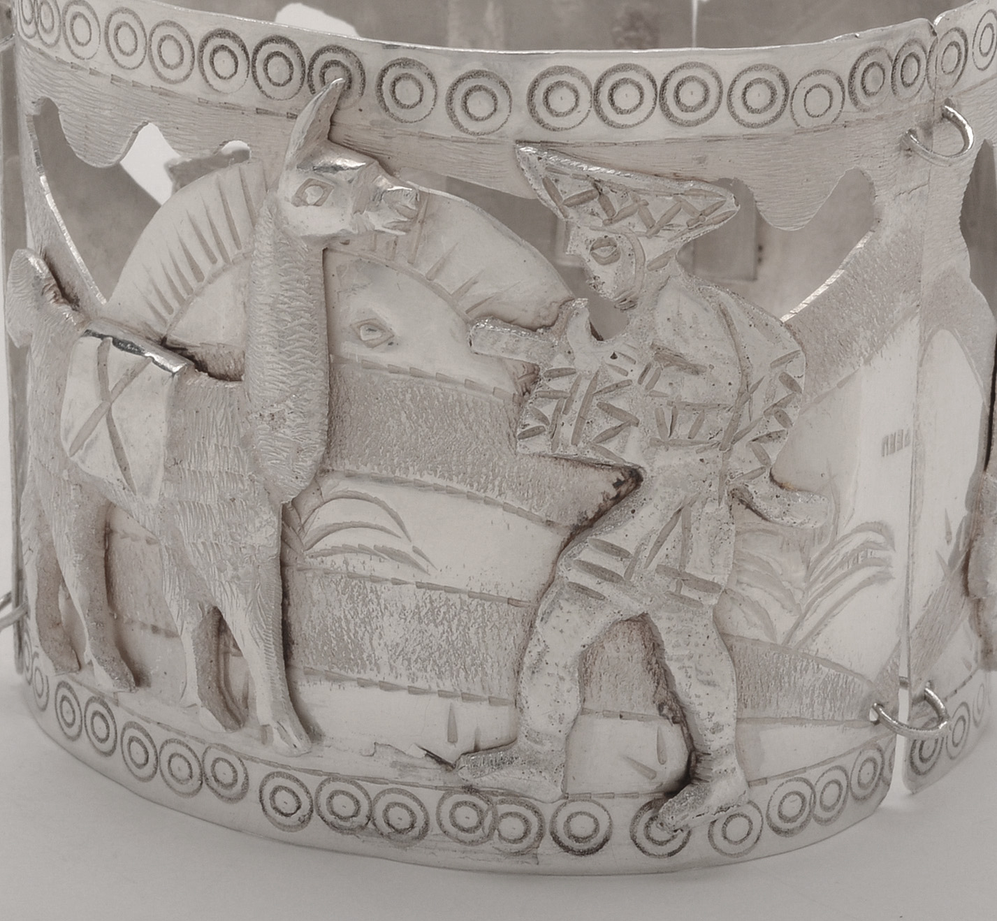 Vintage Peruvian Sterling Figural Link Bracelet and Engraved Cuff