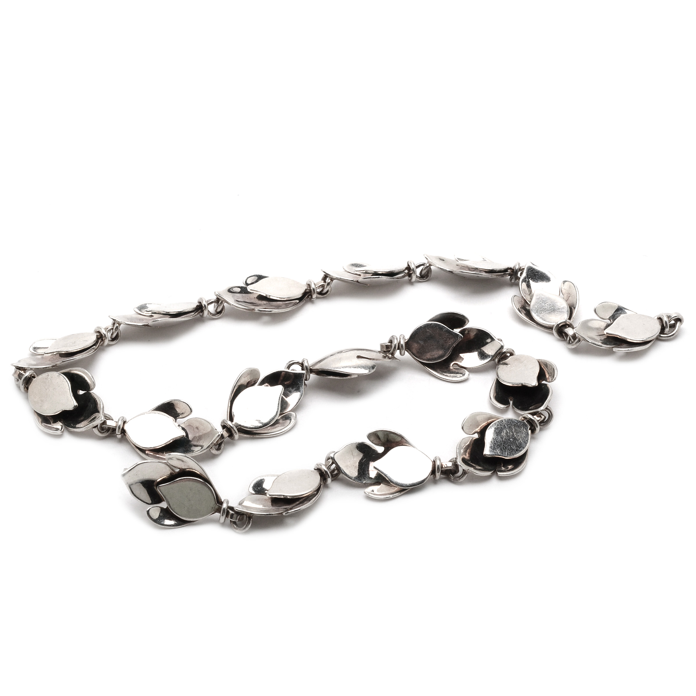 Vintage Modern Mexican Sterling Silver Foliate Link Necklace