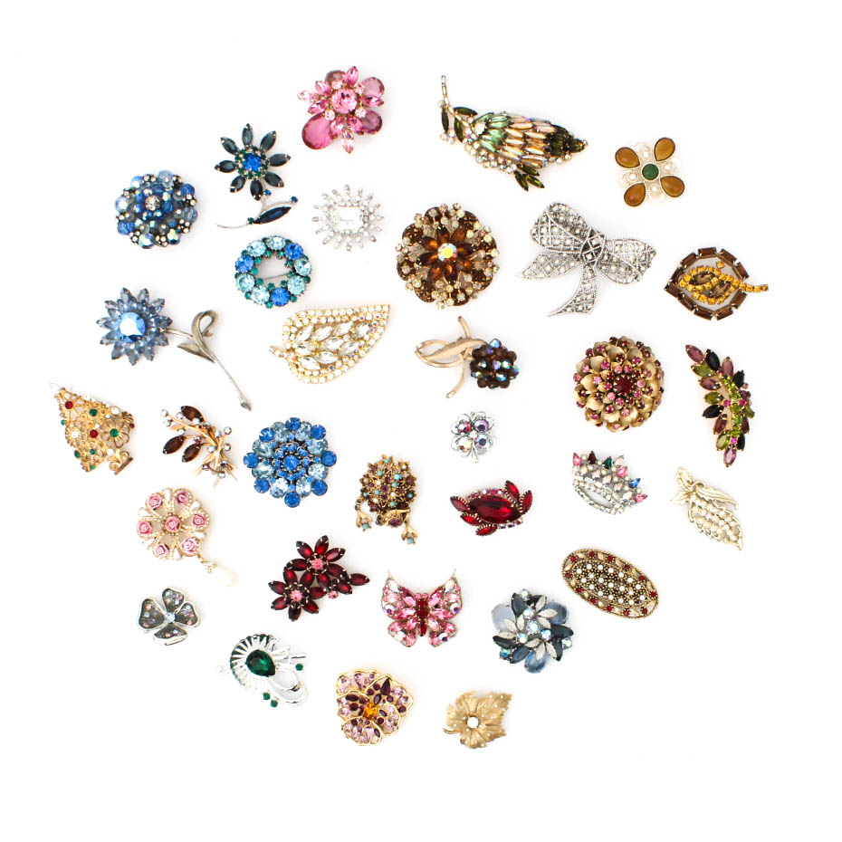Sizable Collection of Vintage Rhinestone Brooches Featuring Weiss, Nolan Miller and More