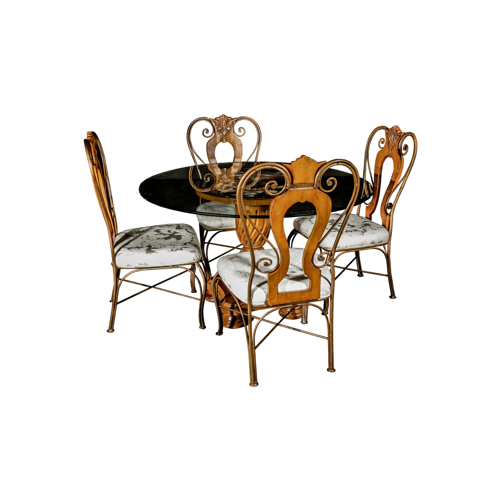 Glass Top Pedestal Table and Fiddleback Chairs