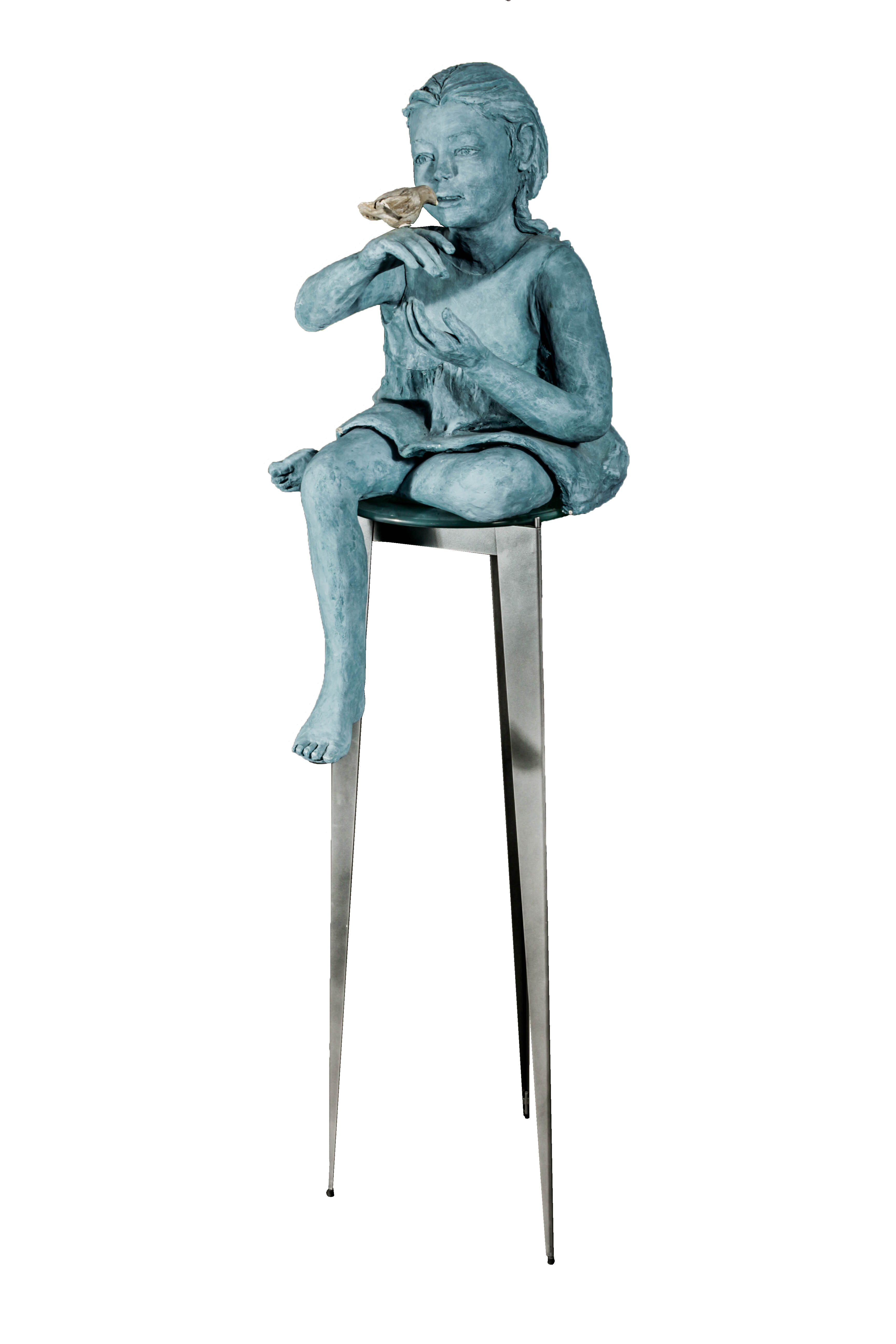 Kay Henkel Plaster and Metal Sculpture of Girl Sitting