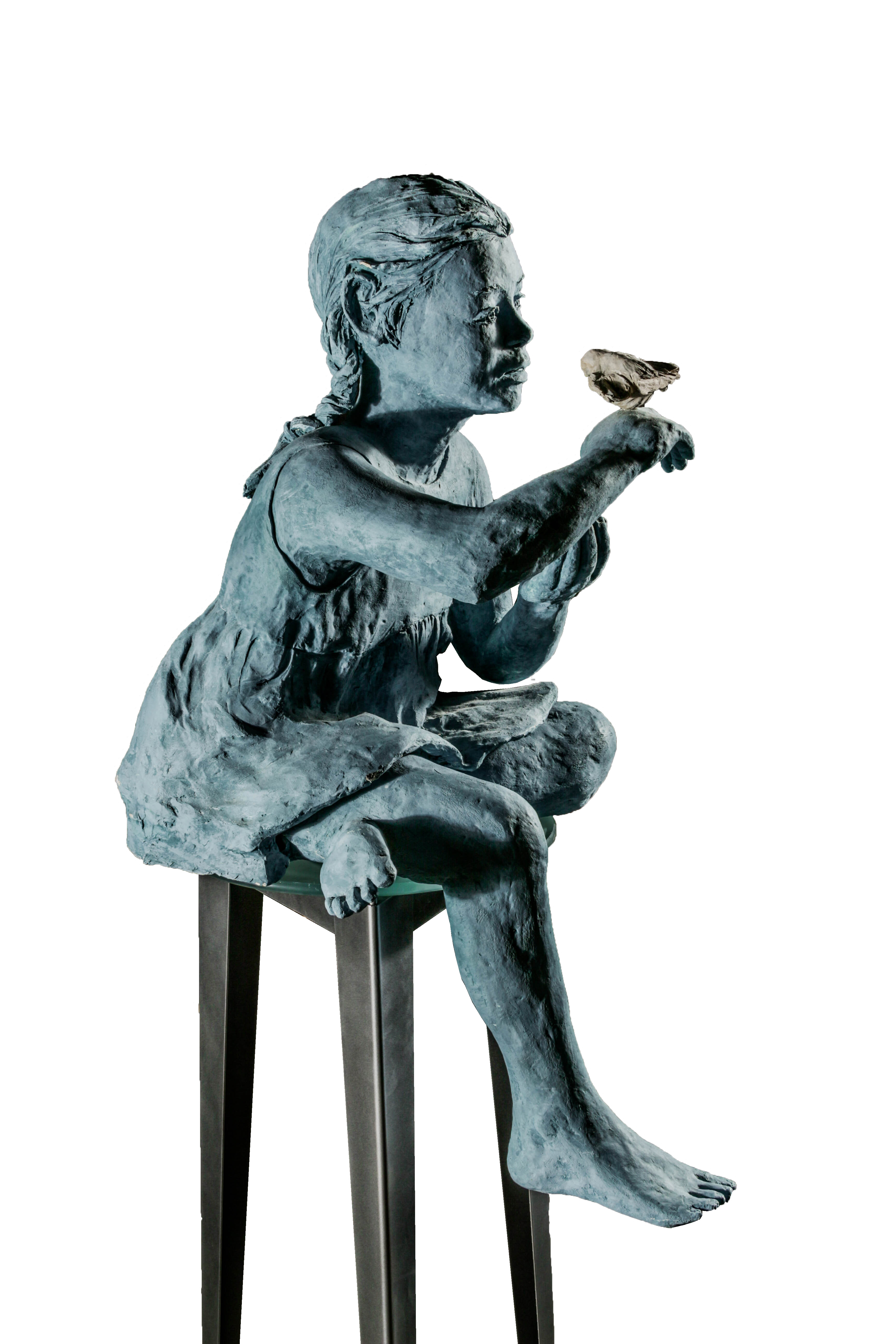 Kay Henkel Plaster and Metal Sculpture of Girl Sitting