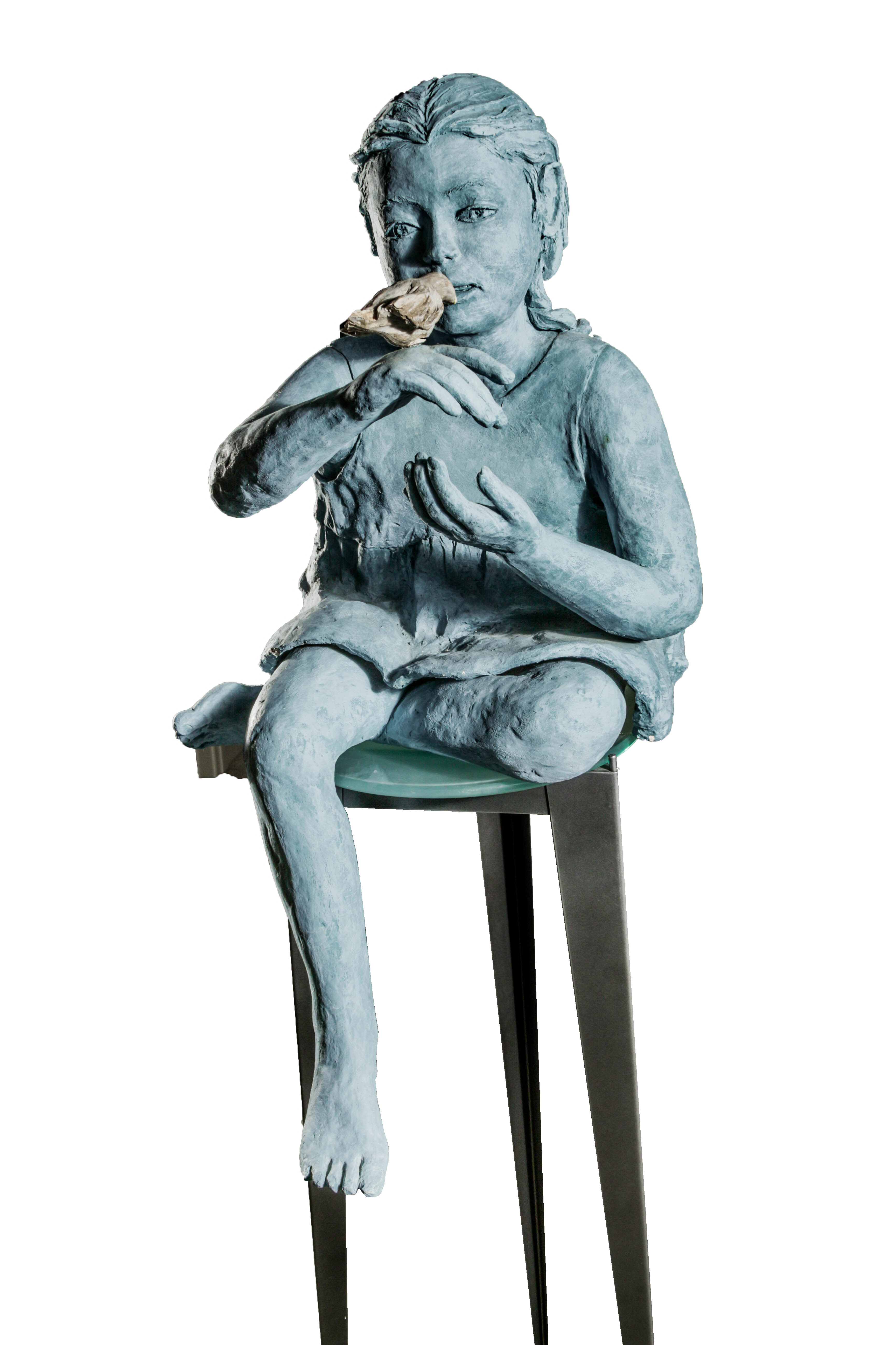 Kay Henkel Plaster and Metal Sculpture of Girl Sitting
