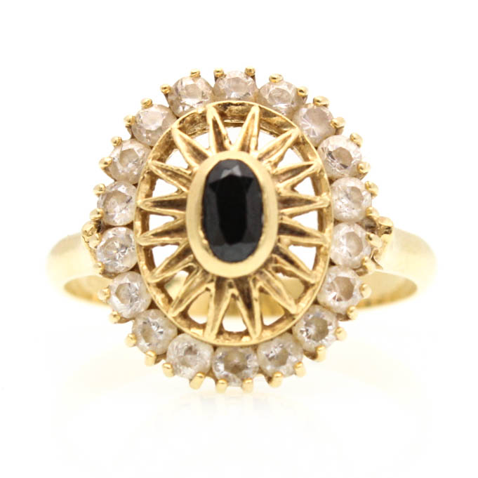 18K Yellow Gold Blue and Clear Natural Sapphire Ring