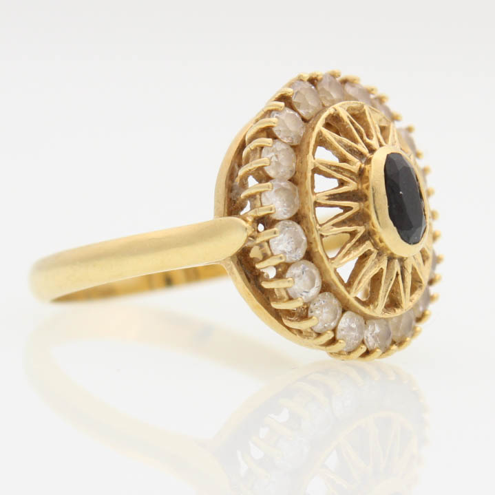 18K Yellow Gold Blue and Clear Natural Sapphire Ring