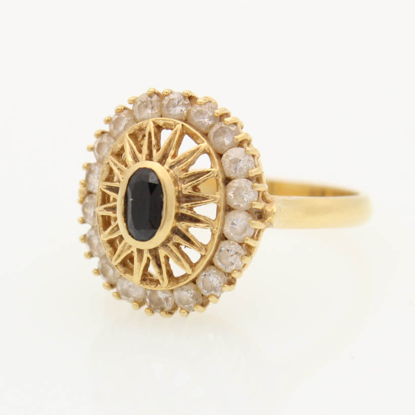 18K Yellow Gold Blue and Clear Natural Sapphire Ring