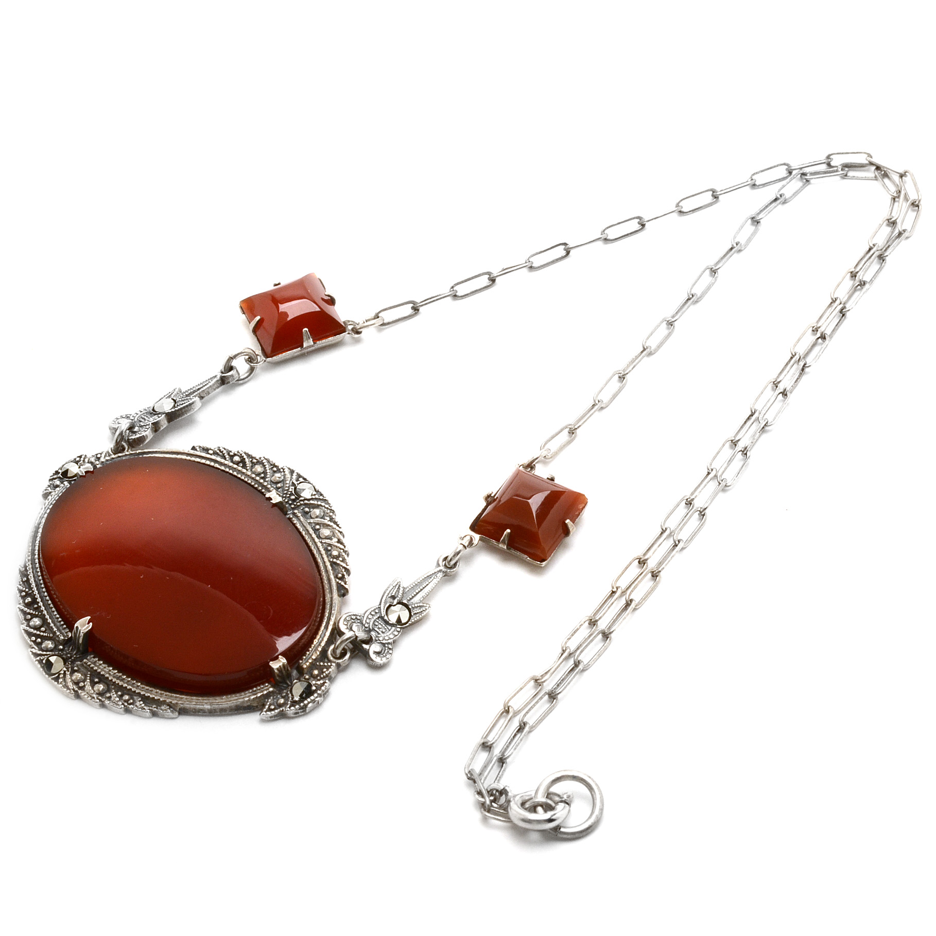 Early 20th Century Sterling Carnelian and Marcasite Link Necklace