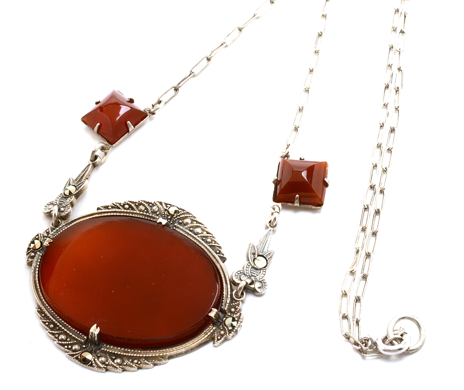 Early 20th Century Sterling Carnelian and Marcasite Link Necklace