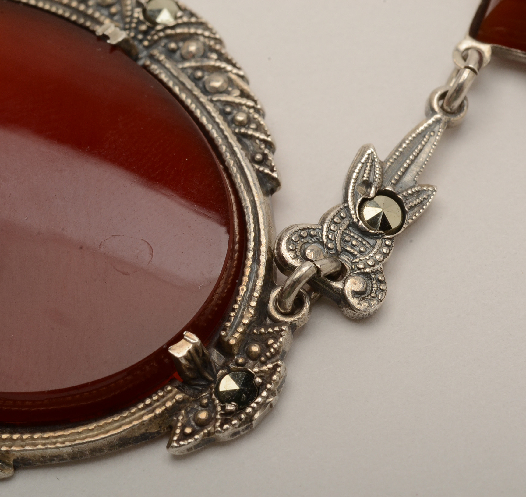 Early 20th Century Sterling Carnelian and Marcasite Link Necklace
