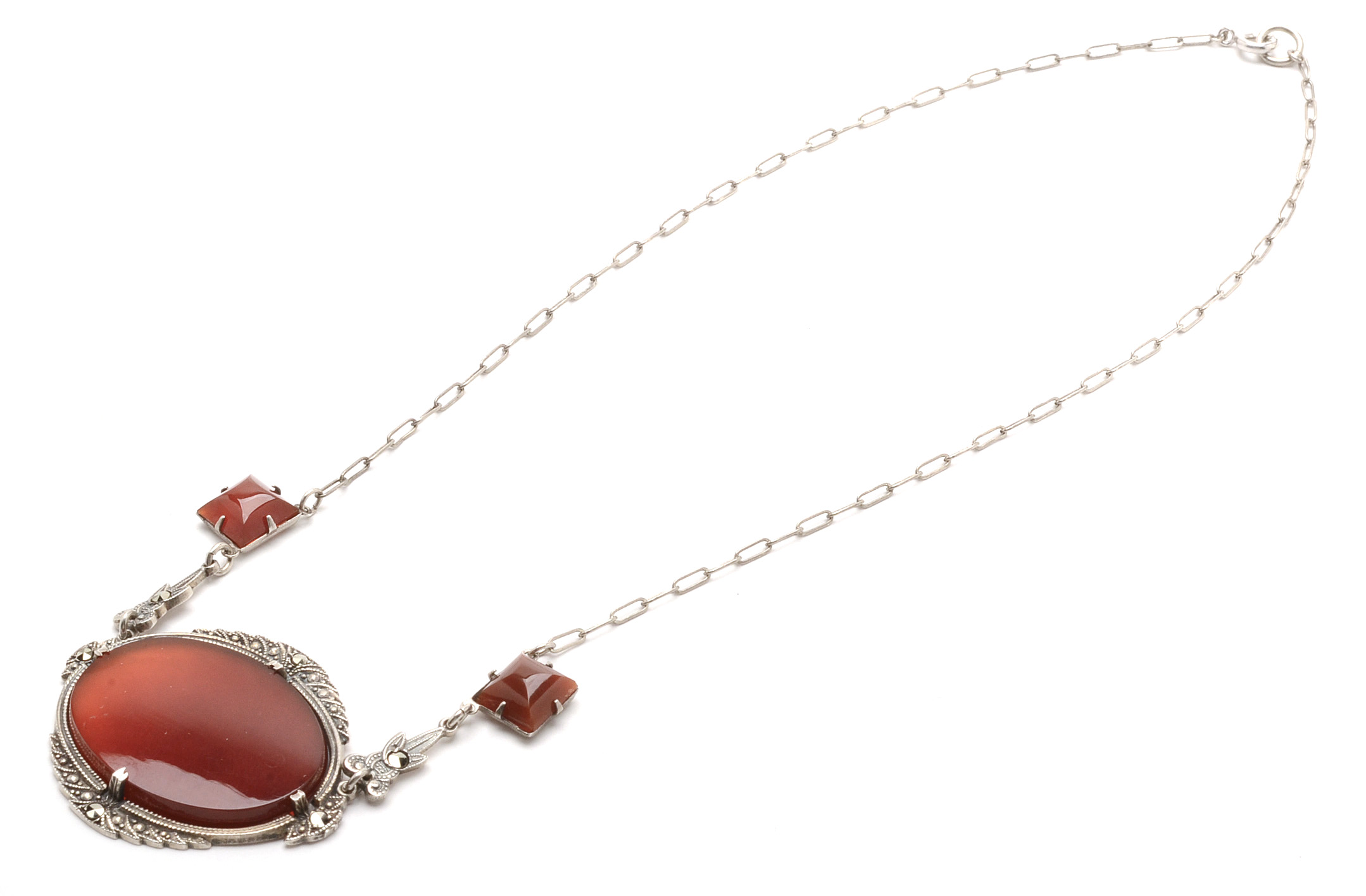 Early 20th Century Sterling Carnelian and Marcasite Link Necklace