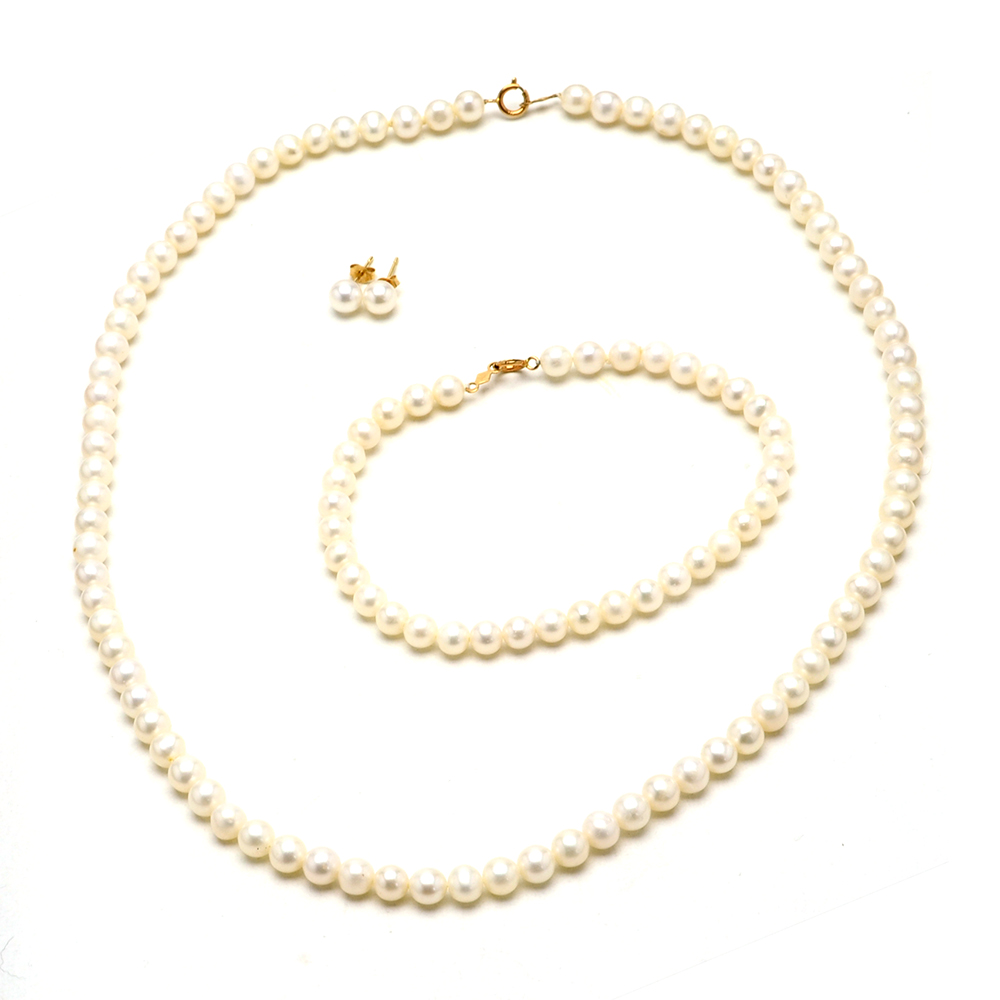 14K Yellow Gold Cultured Pearl Necklace, Bracelet and Studs