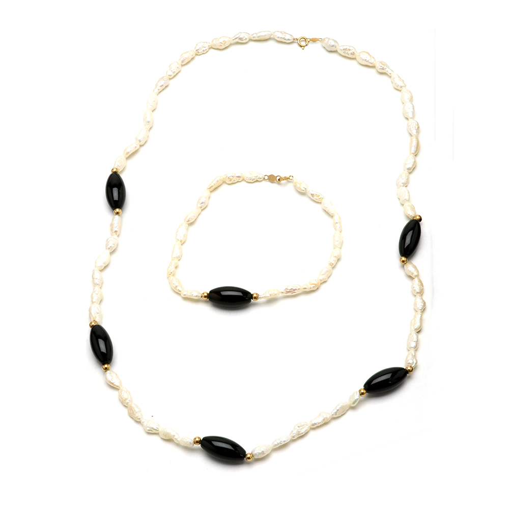 14K Gold Cultured Freshwater Pearl and Onyx Necklace and Bracelet