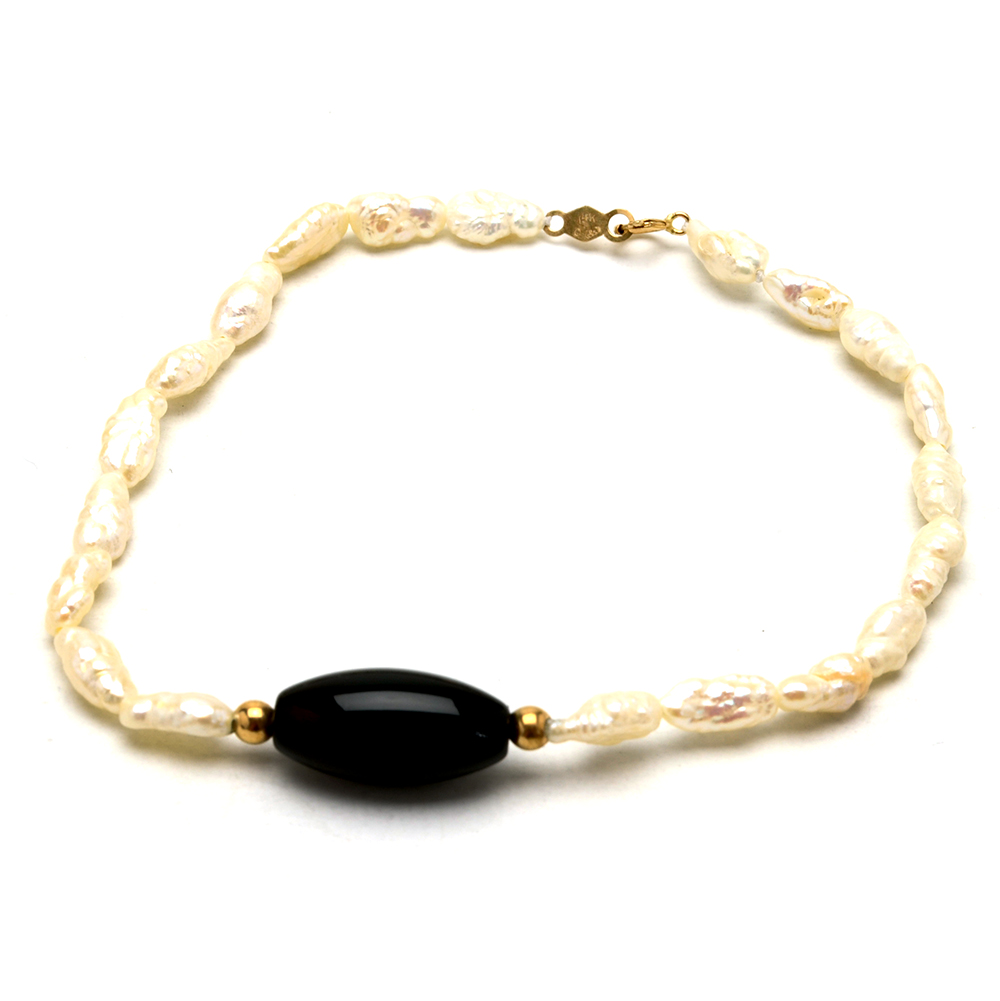 14K Gold Cultured Freshwater Pearl and Onyx Necklace and Bracelet