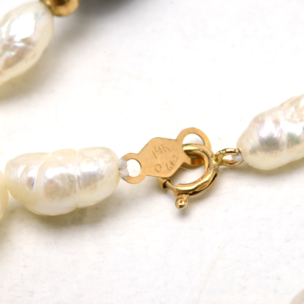 14K Gold Cultured Freshwater Pearl and Onyx Necklace and Bracelet