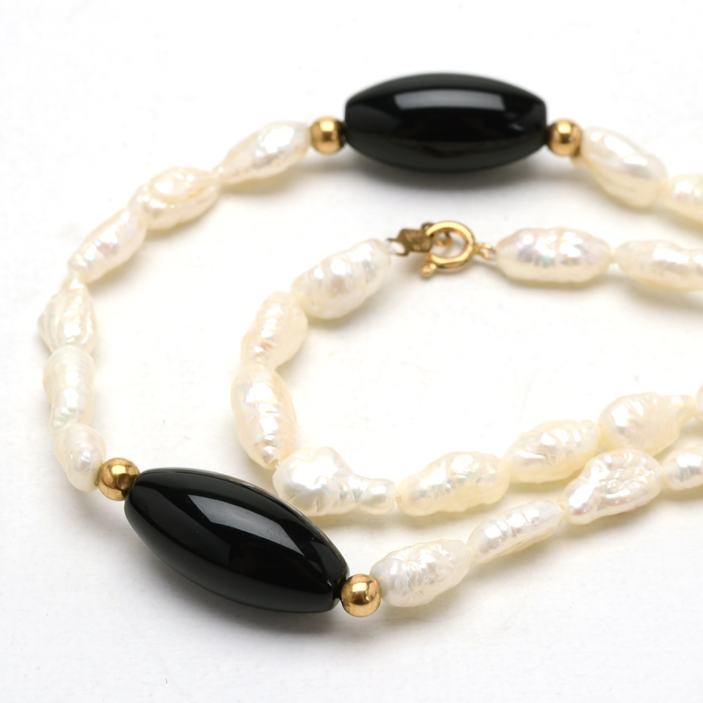 14K Gold Cultured Freshwater Pearl and Onyx Necklace and Bracelet