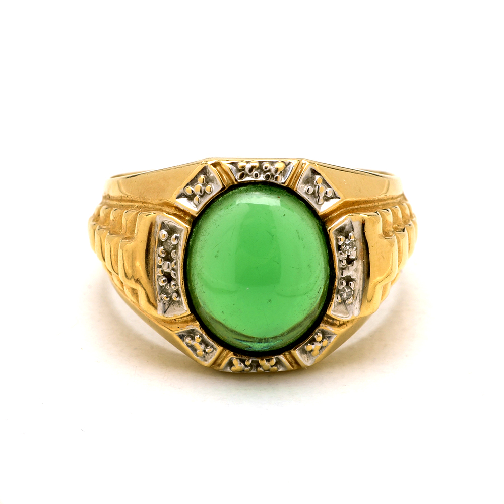 Vintage 10K Yellow Gold Diamond Ring with Green Plastic Cabochon