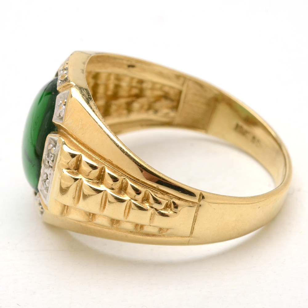 Vintage 10K Yellow Gold Diamond Ring with Green Plastic Cabochon