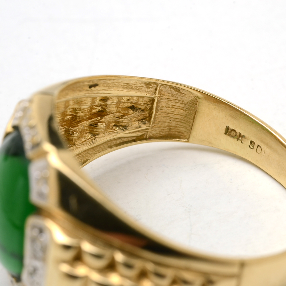 Vintage 10K Yellow Gold Diamond Ring with Green Plastic Cabochon