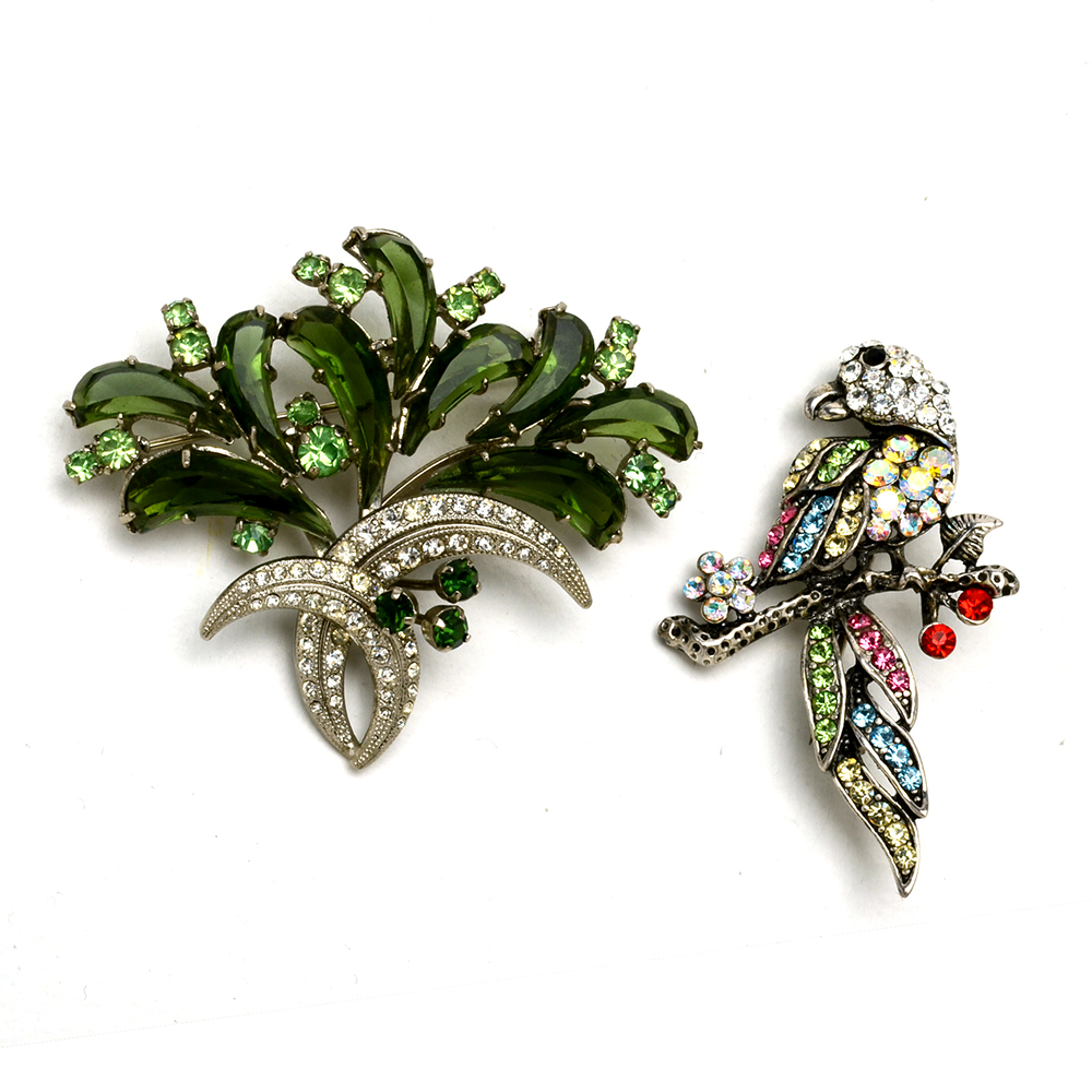 Austrian Crystal Brooch and Multicolor Rhinestone Parakeet Brooch