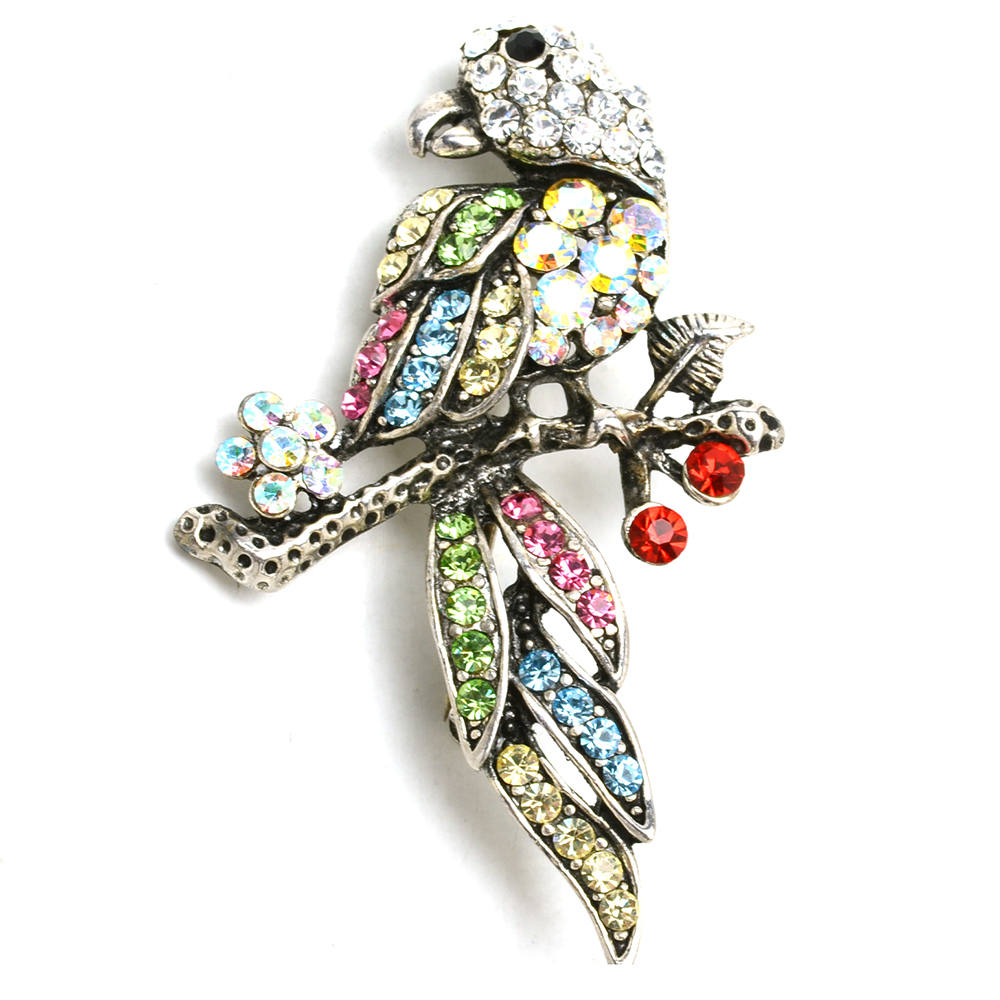 Austrian Crystal Brooch and Multicolor Rhinestone Parakeet Brooch