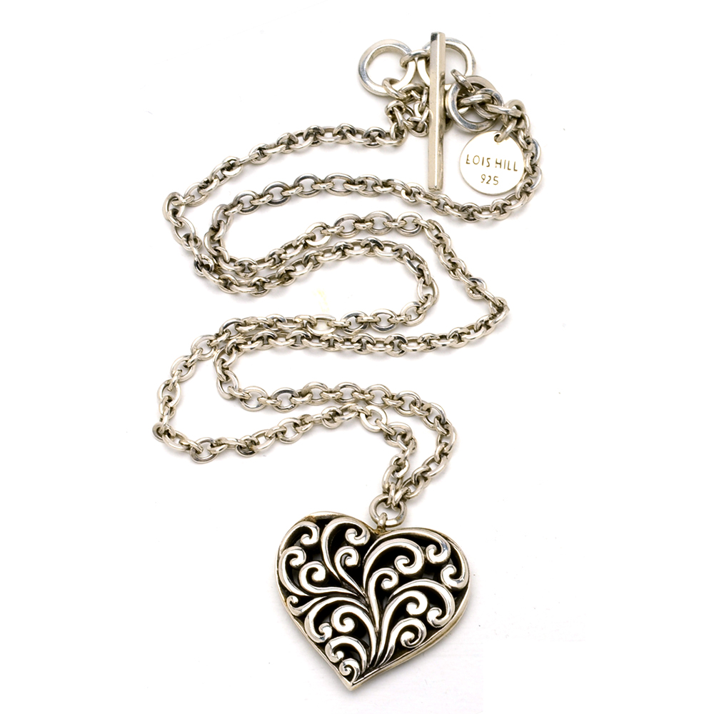 Lois Hill Sterling Silver Link Necklace with Scrolling Heart