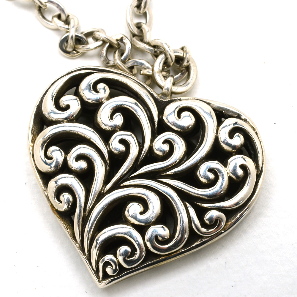 Lois Hill Sterling Silver Link Necklace with Scrolling Heart