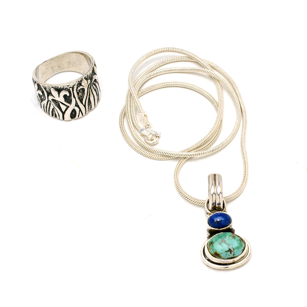 Sterling Multi-Stone Pendant Necklace and Israeli Sterling Ring