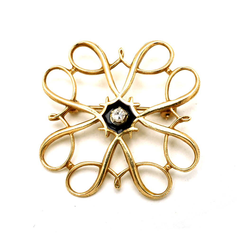 Vintage 10K Yellow Gold Black Enamel and Diamond Openwork Brooch