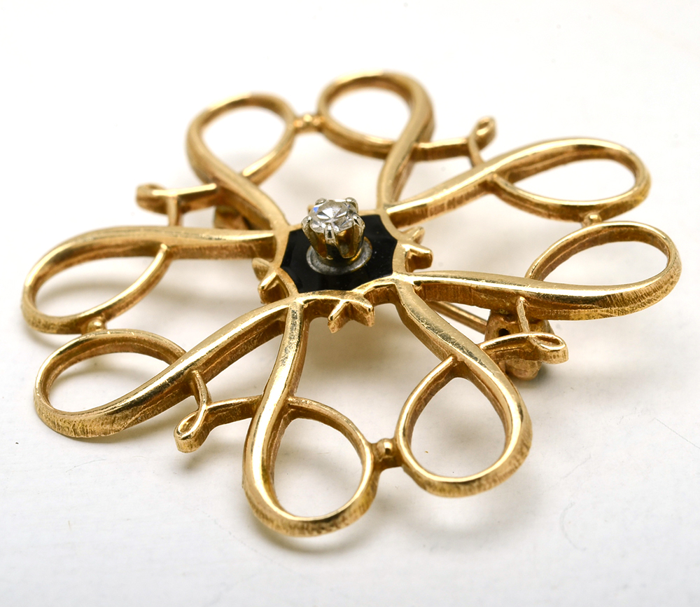 Vintage 10K Yellow Gold Black Enamel and Diamond Openwork Brooch