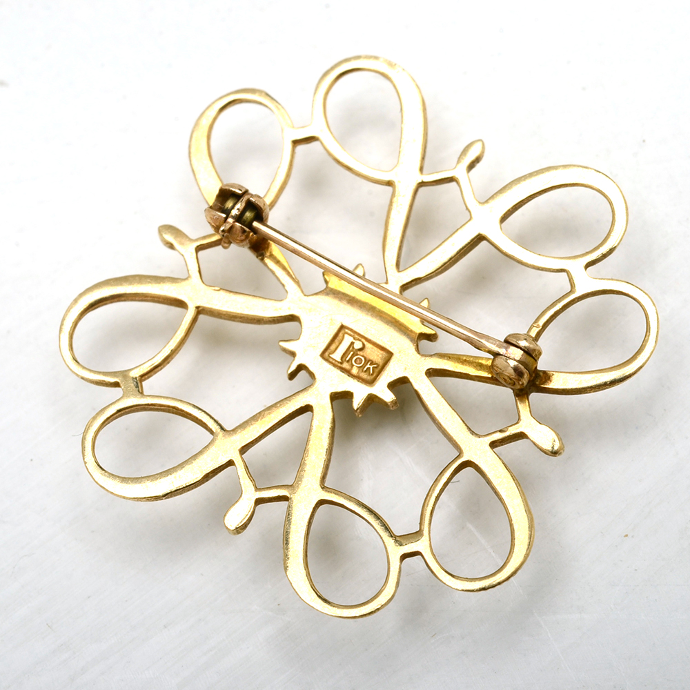 Vintage 10K Yellow Gold Black Enamel and Diamond Openwork Brooch