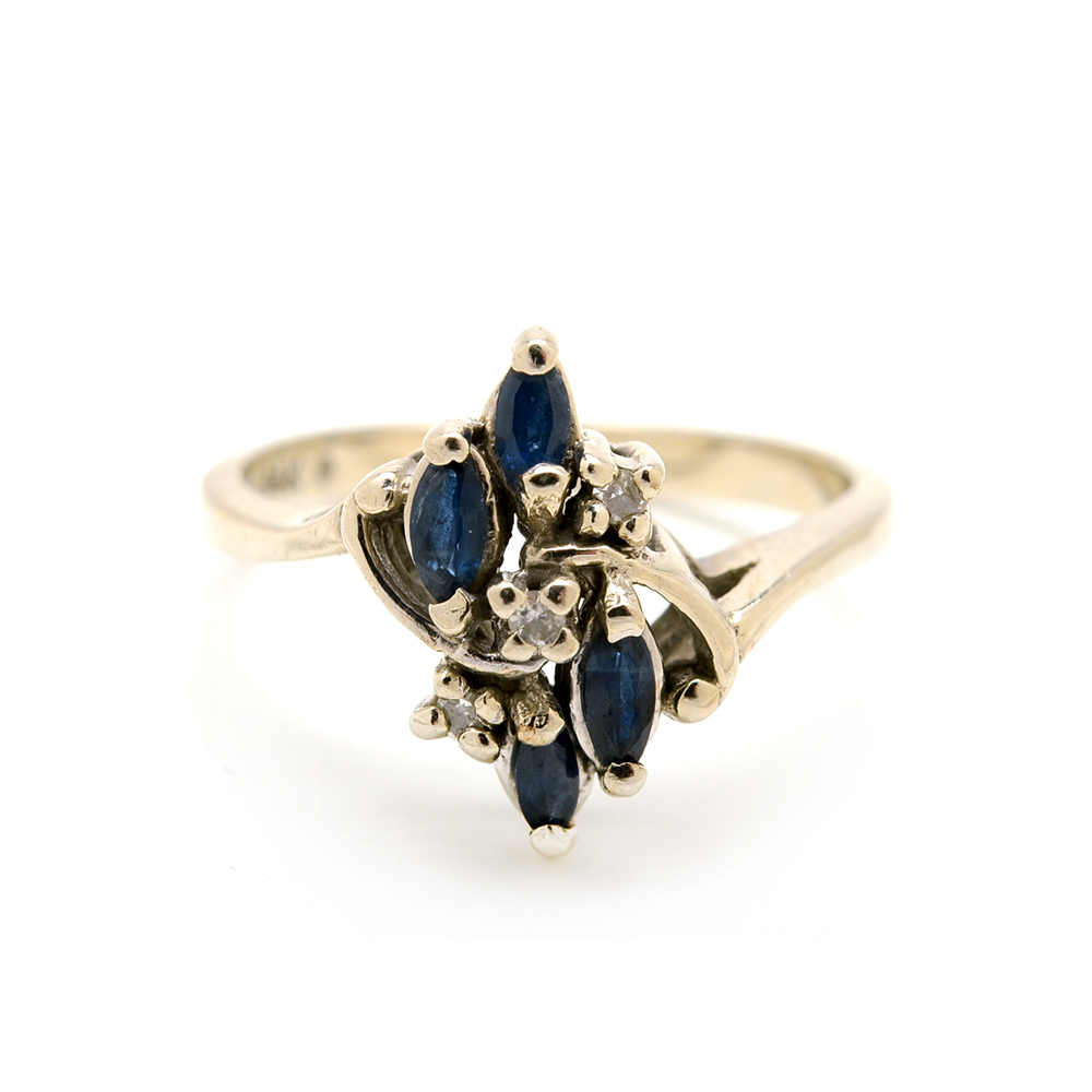 14K White Gold Blue Sapphire and Diamond Ring