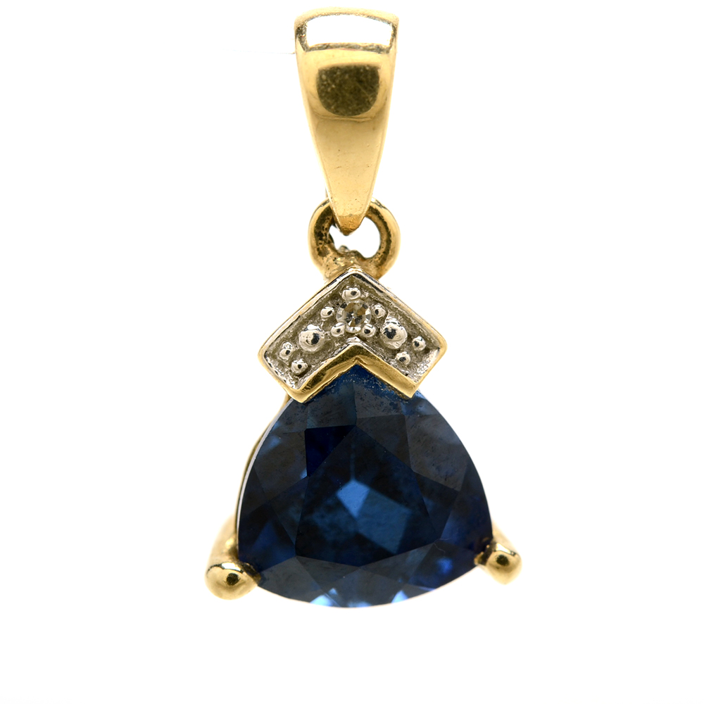 10K Yellow Gold Synthetic Blue Sapphire and Diamond Drop Pendant