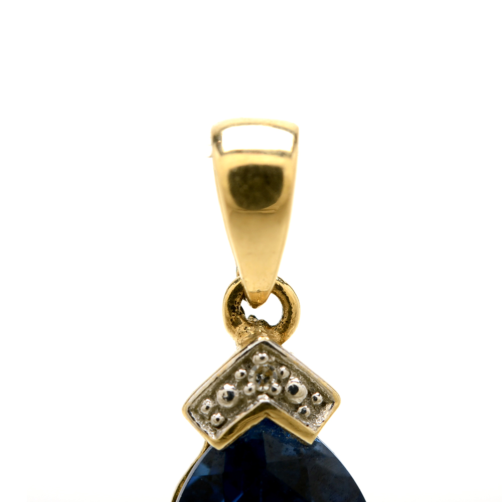 10K Yellow Gold Synthetic Blue Sapphire and Diamond Drop Pendant