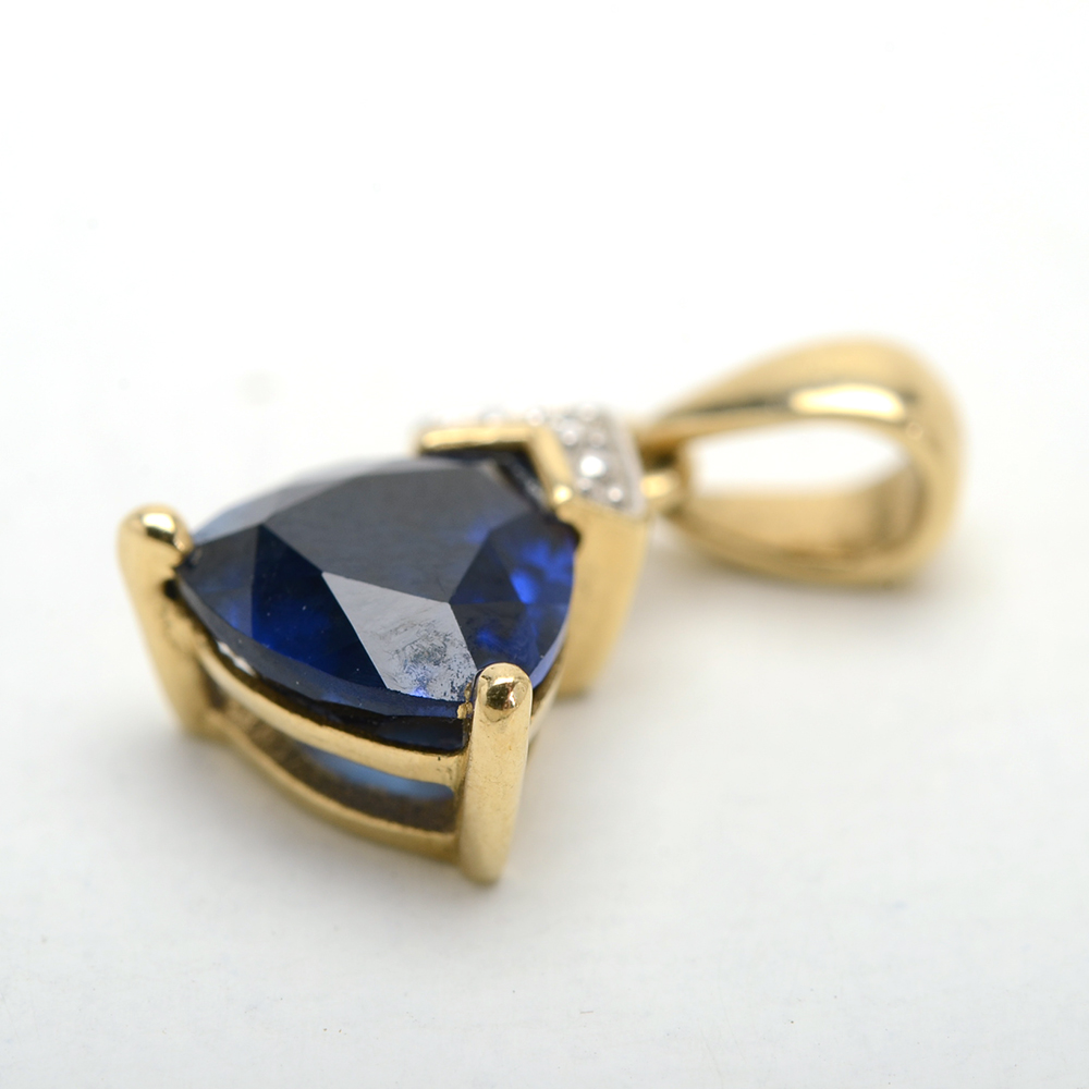 10K Yellow Gold Synthetic Blue Sapphire and Diamond Drop Pendant