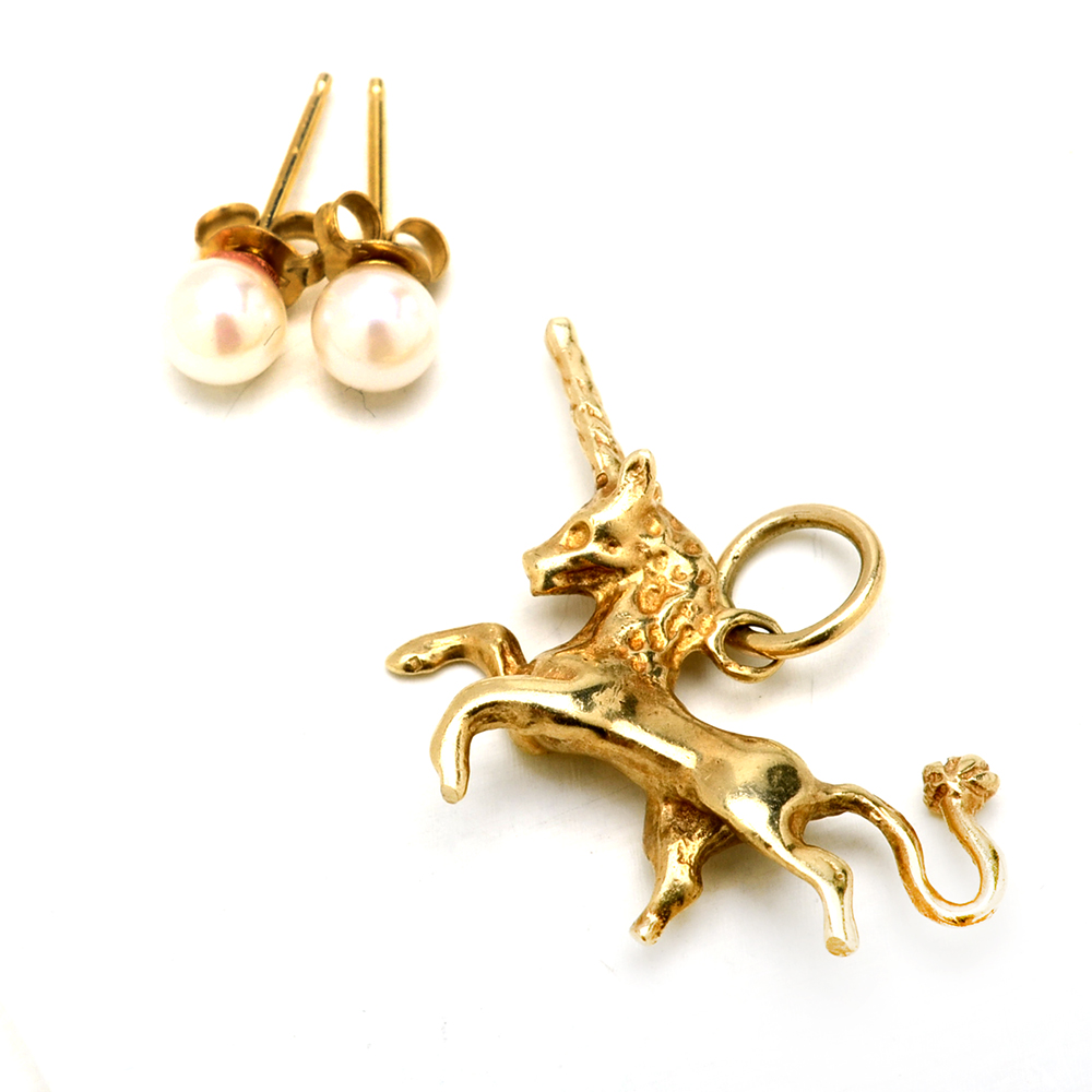 14K Yellow Gold Cultured Seed Pearl Studs and 14K Unicorn Pendant