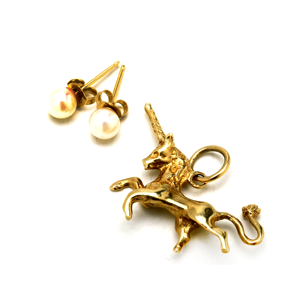14K Yellow Gold Cultured Seed Pearl Studs and 14K Unicorn Pendant