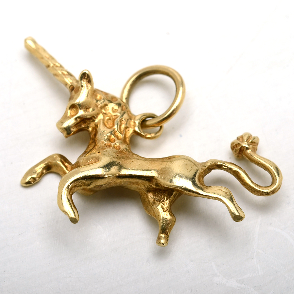 14K Yellow Gold Cultured Seed Pearl Studs and 14K Unicorn Pendant